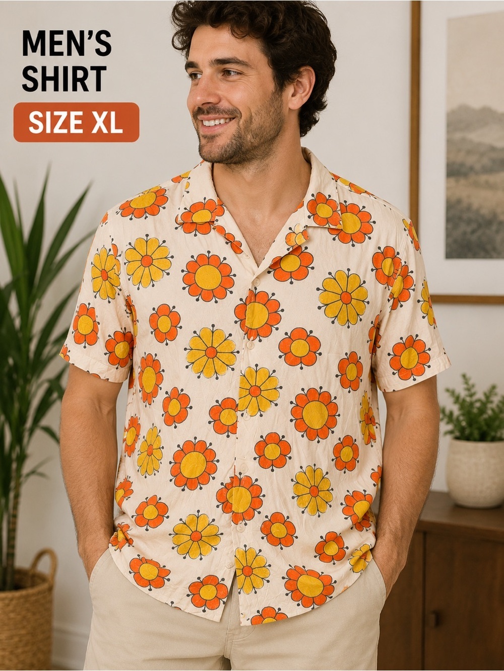 Denim & Flower Retro Floral Button-Up Shirt — Yellow & Orange XL